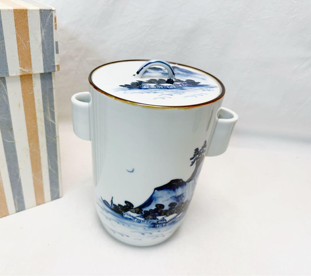 未使用 茶道具 玉堂窯 染付 山水絵 細水指 管耳付 底印 紙箱