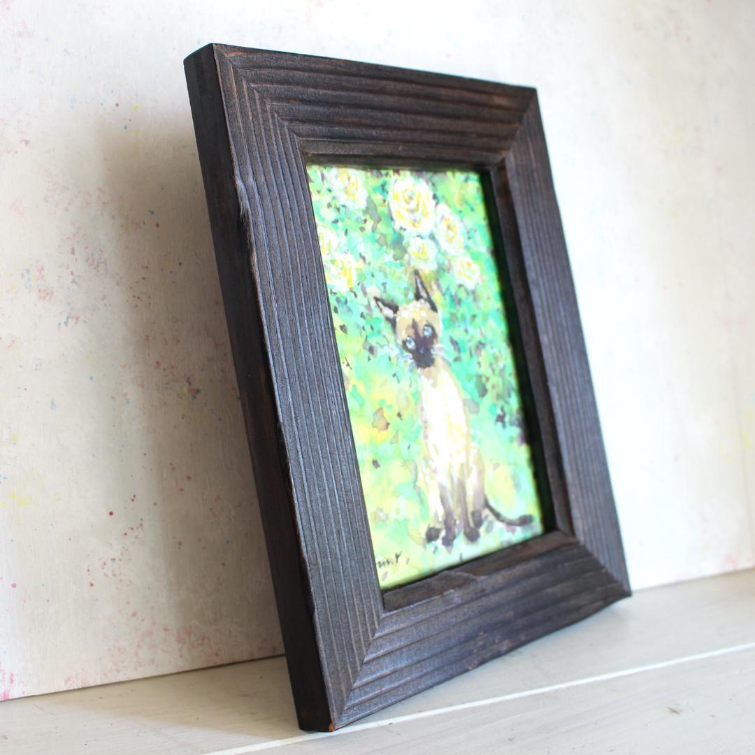 シャム猫の絵 水彩画 原画 額付き「白い薔薇とシャム猫」