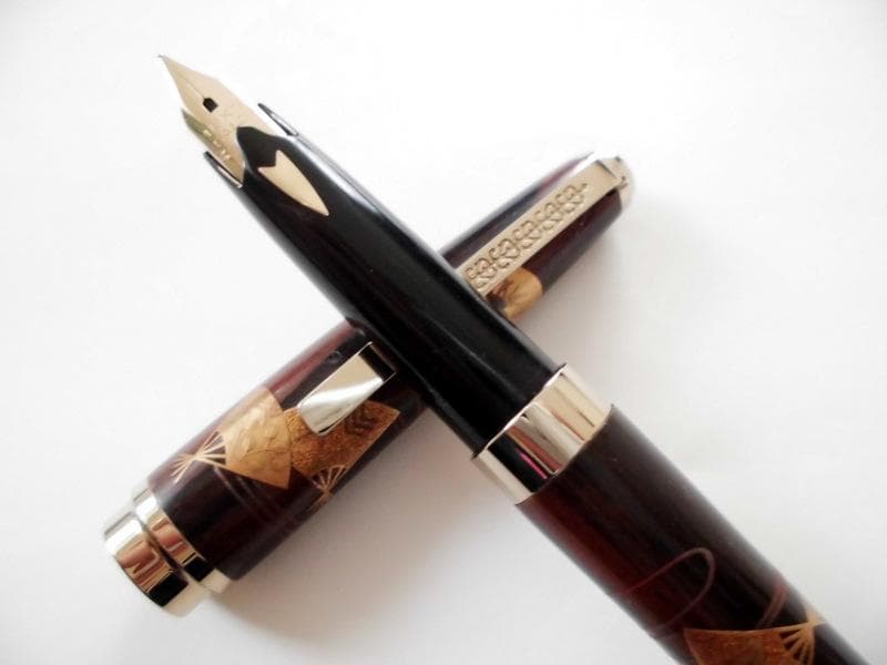 希少★セーラー SAILOR 万年筆 蒔絵 木軸縞黒檀 扇 18K アンティーク