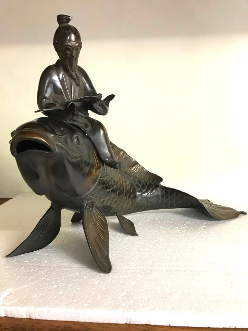 銅製:琴高仙人(鯉仙人)置物