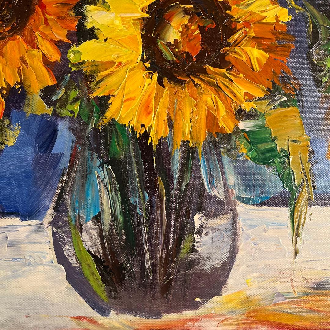★秀作★ 手書き油絵 花瓶のひまわり 額付き インテリア 油彩画