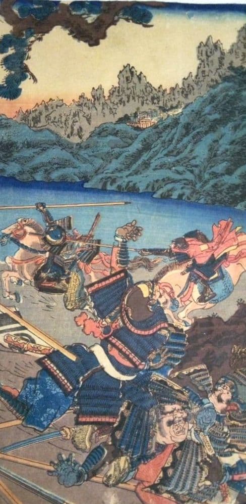 浮世絵、賤ケ峯合戦之圖三枚綴り、一勇斎国芳画(歌川国芳)補修多くジャンク品扱い