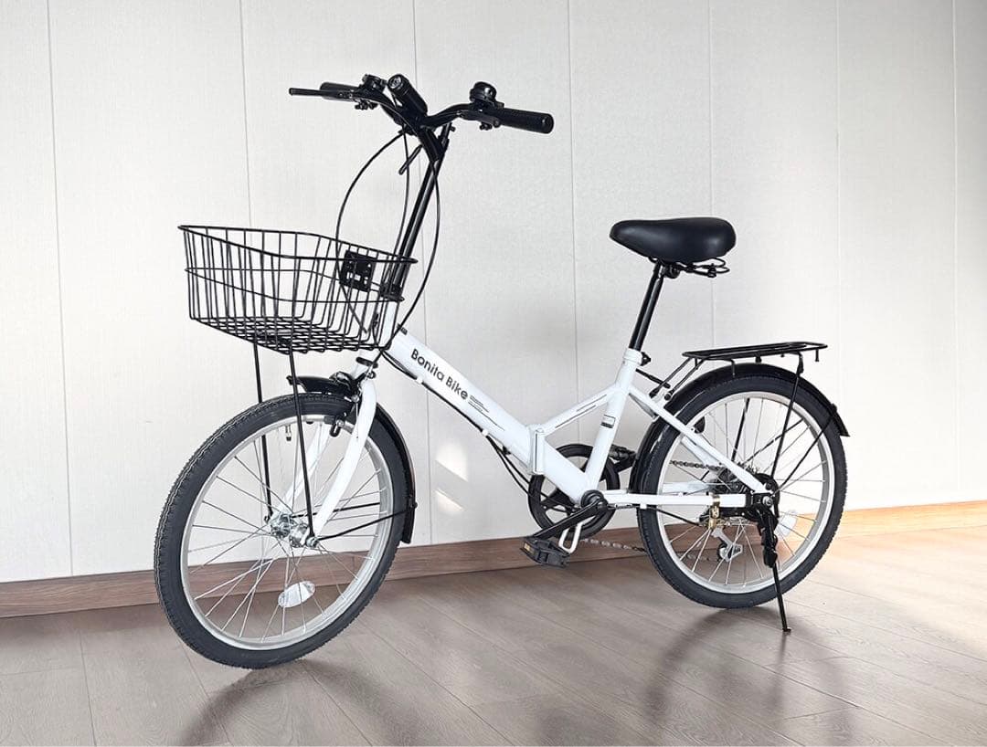 新品　折りたたみ自転車 20インチ 6段変速 カゴ・ライト・錠付き　白色