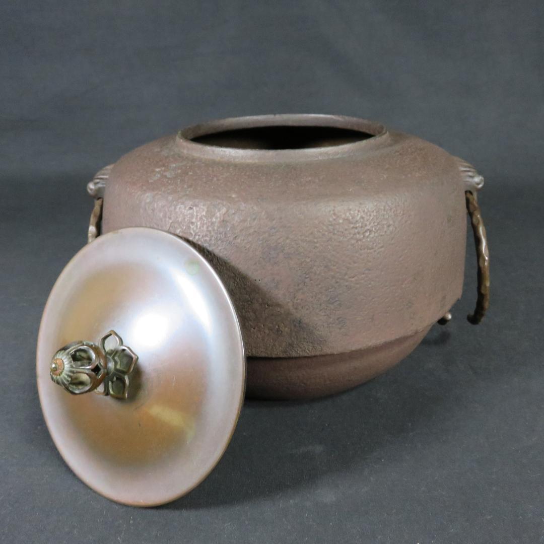 唐銅 切合鬼面風炉撫肩平丸釜添 一ノ瀬宋辰 畠春斎 錆あり 茶道具