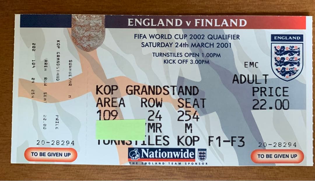 '01/03/24イングランドvsフィンランド'02WC欧州予選チケット半券