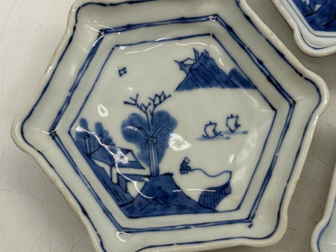 古染　染付山水人物紋角皿5点　古渡　送料込み251108