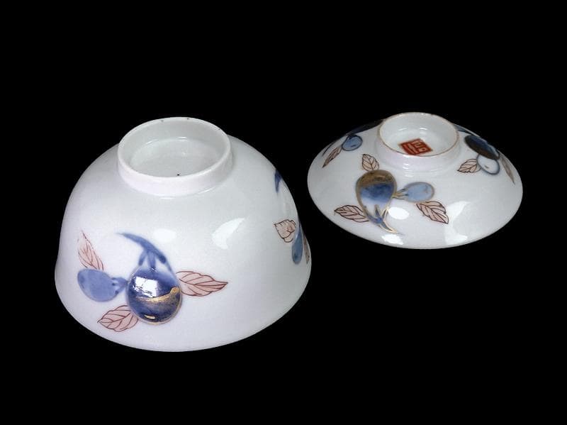 古伊万里　染錦　茄子の図　蓋茶碗　AS-DCa