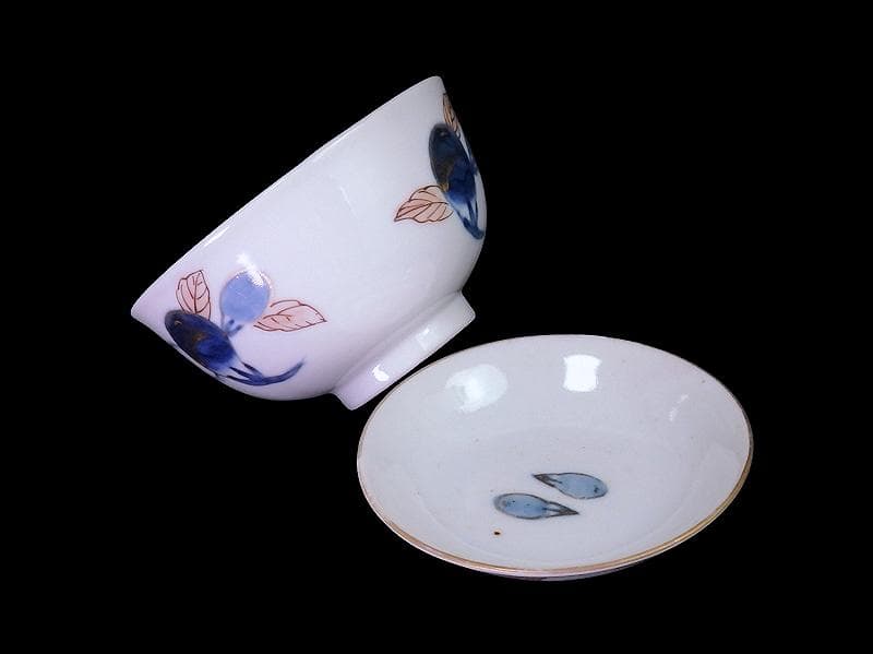 古伊万里　染錦　茄子の図　蓋茶碗　AS-DCa