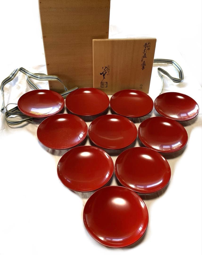 川端近左　利休形　朱引盃共盃台　十客　表千家 茶道具　共箱　美品