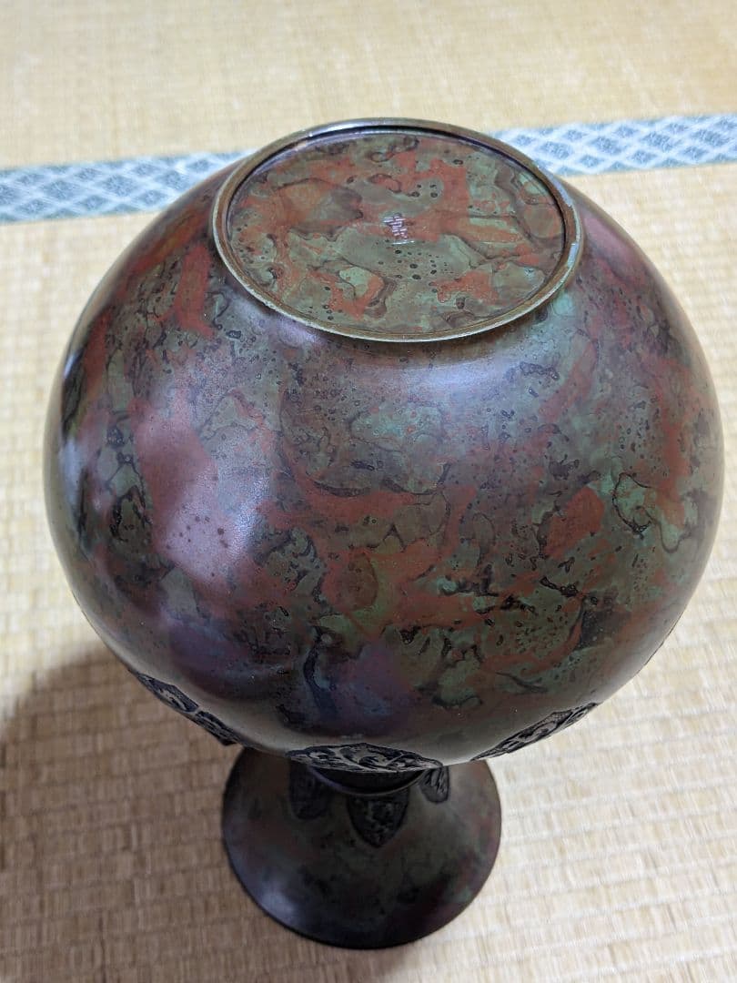 ♦高岡銅器 能作吉秀作 斑銅 鋸歯 鳳凰 饕餮地紋 龍双耳花瓶 花器置物 骨董品