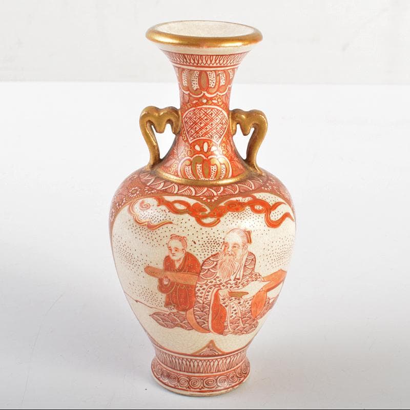 九谷焼　古九谷　吉光隆広（芳隆）造　赤絵金彩　人物文　双耳瓶　D　R7294
