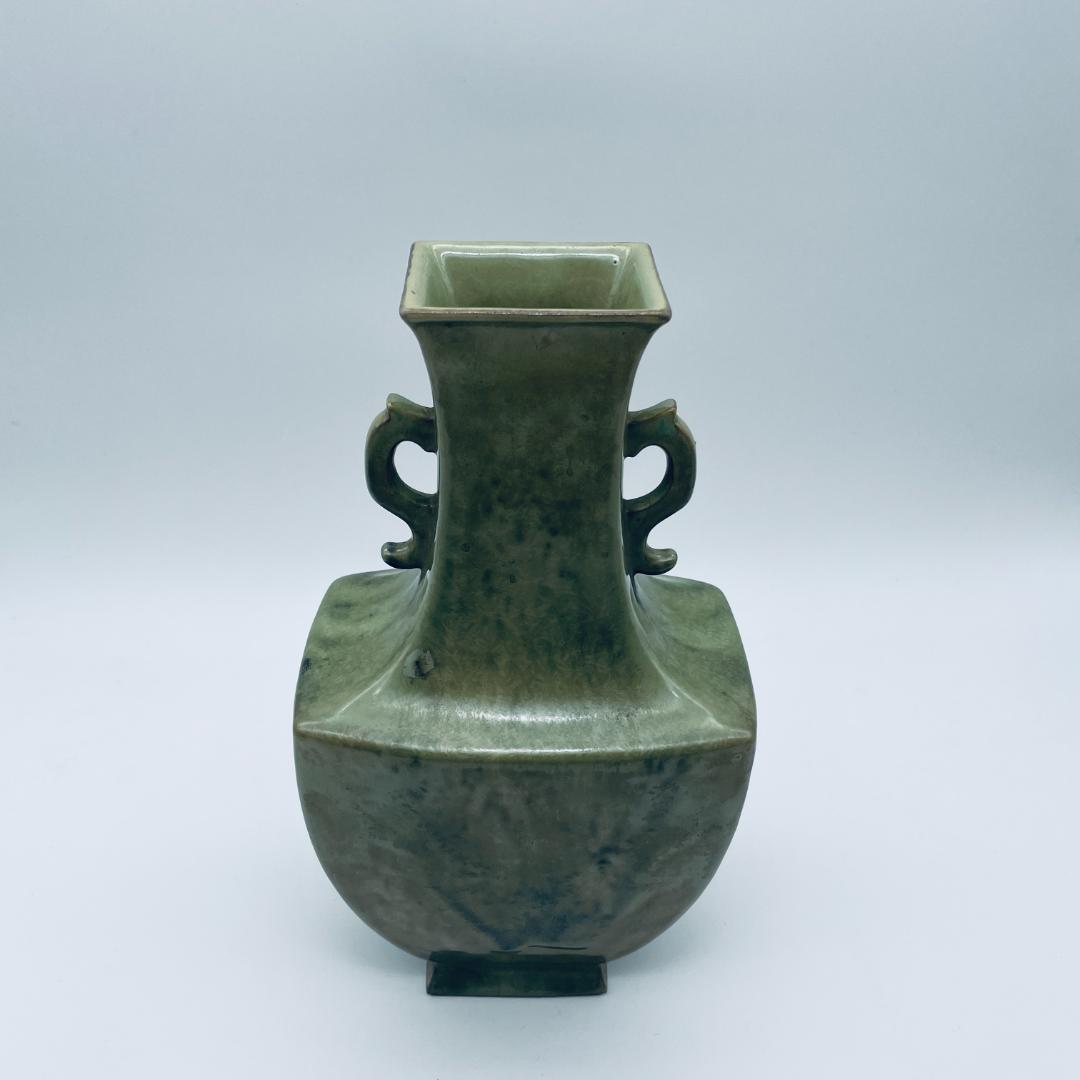【大正】小森忍 緑釉雙耳瓶 匋雅堂製款 大連市 中国美術 中国古玩