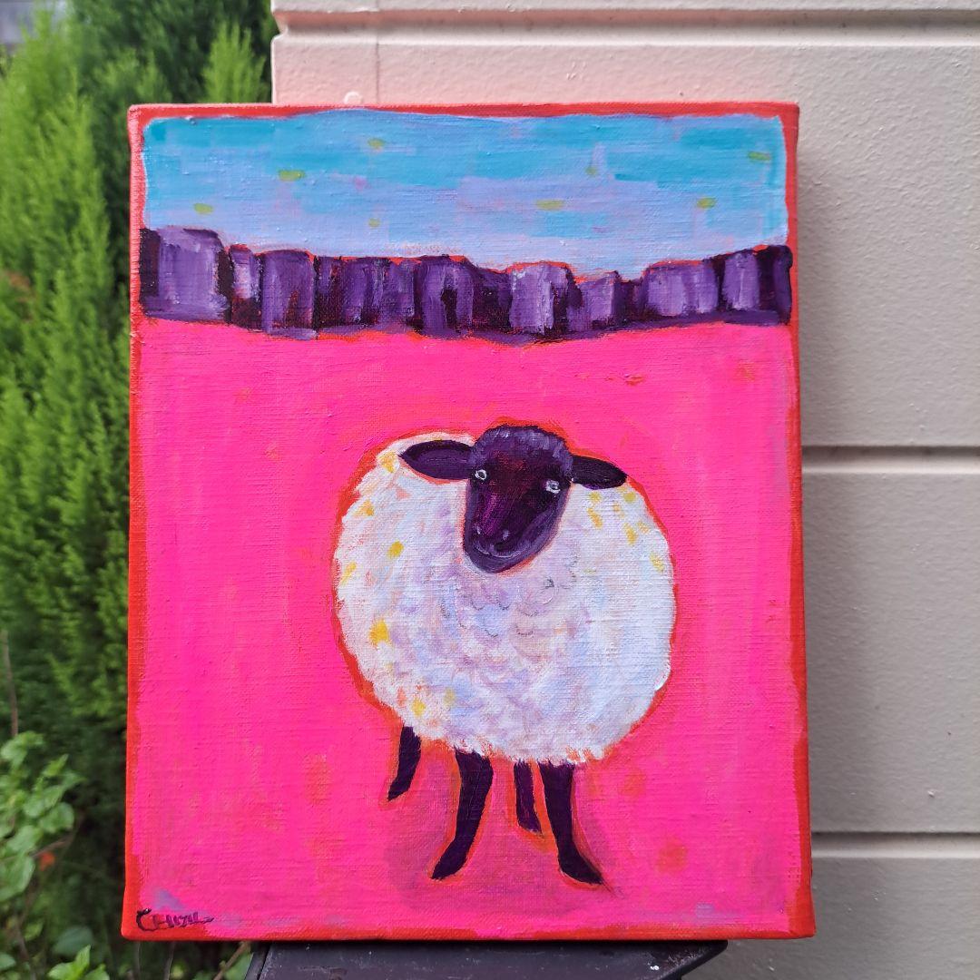 キャンバス油絵　　専用　旅をするサフォーク羊　岩山を越えて　小さめキャンバス