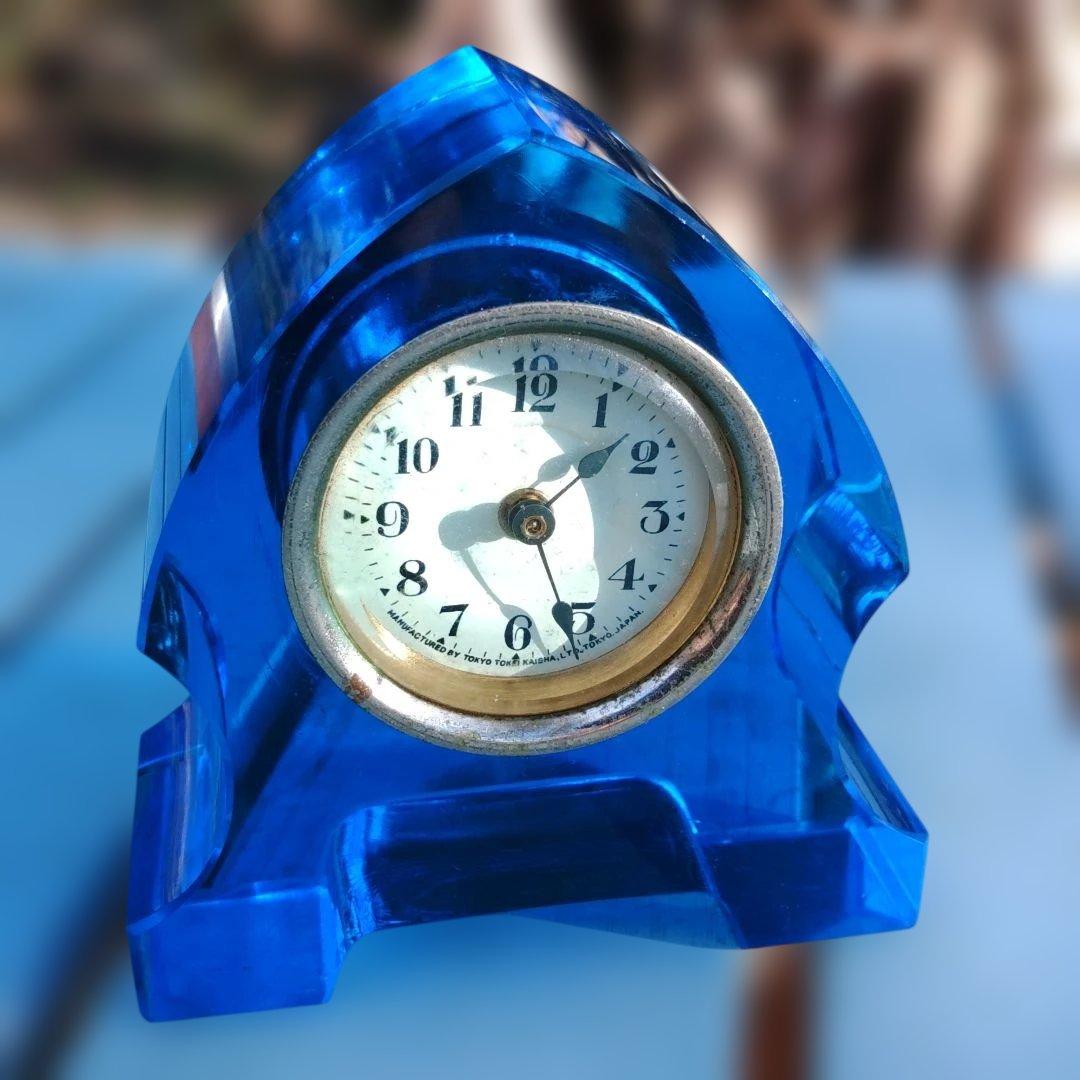 レトロ置時計　青ガラス時計
