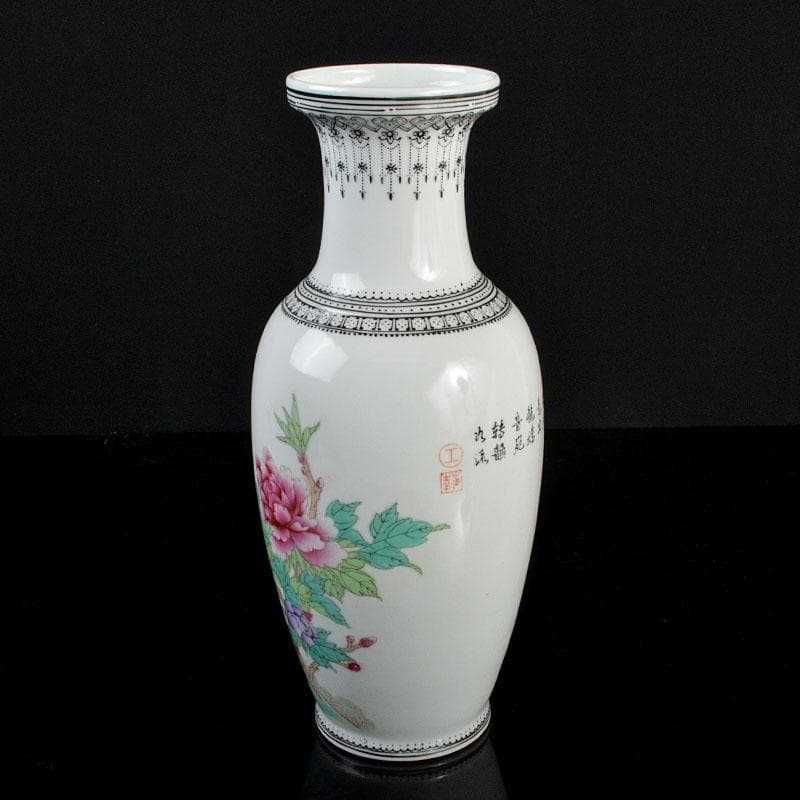 中国　中国景徳鎮製　粉彩　漢詩孔雀牡丹文瓶　V　R4333