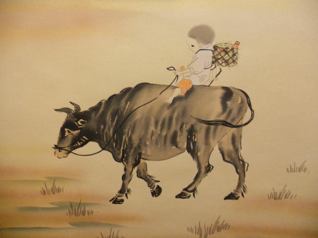 掛け軸 寿山 作『 牧童 』 絹本 希少 軸装 茶道具 掛軸 美品 です。