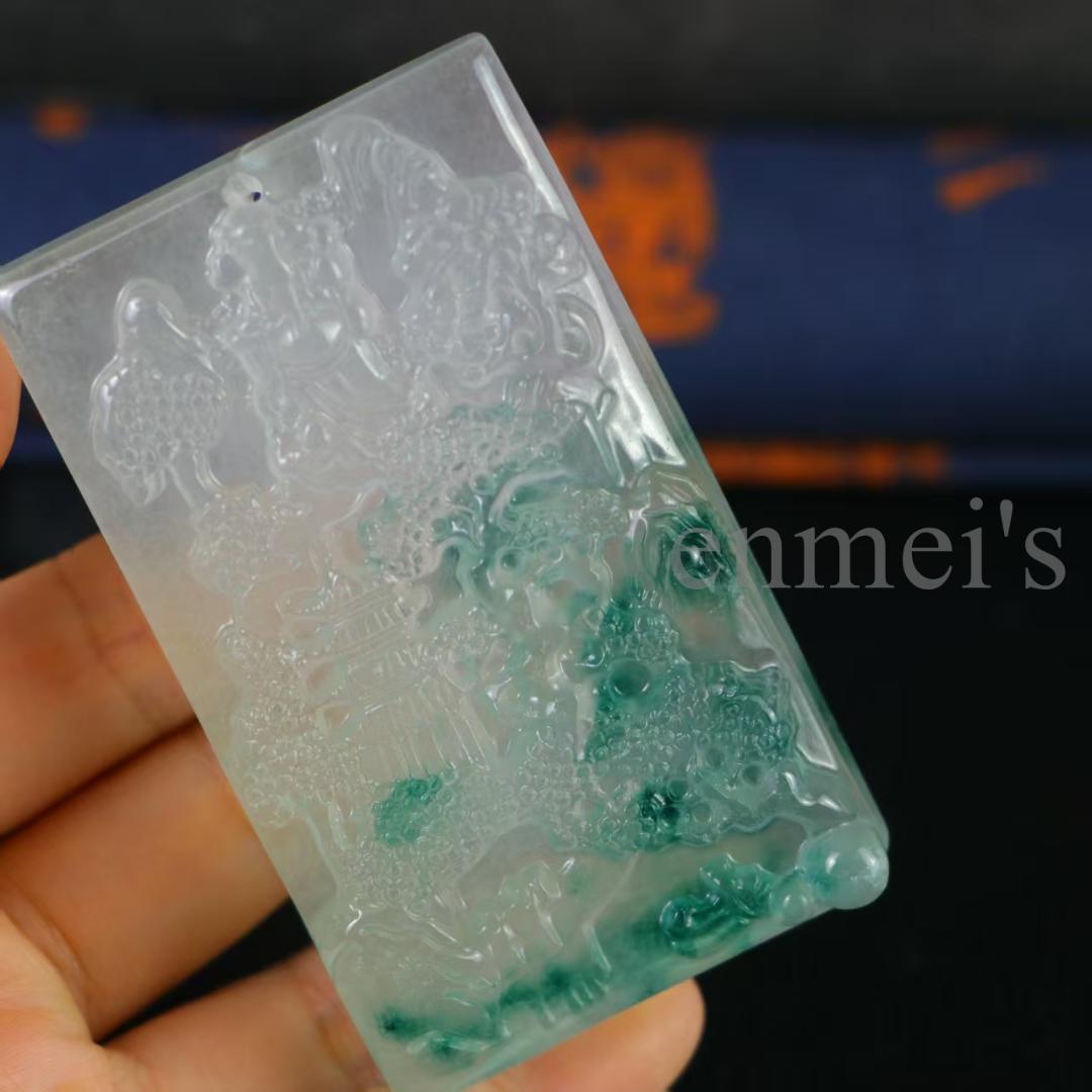 翡翠 高氷種 山水牌 精工神仏彫刻 長方形 明緑白透明石 水頭良好 手彫 贈答用