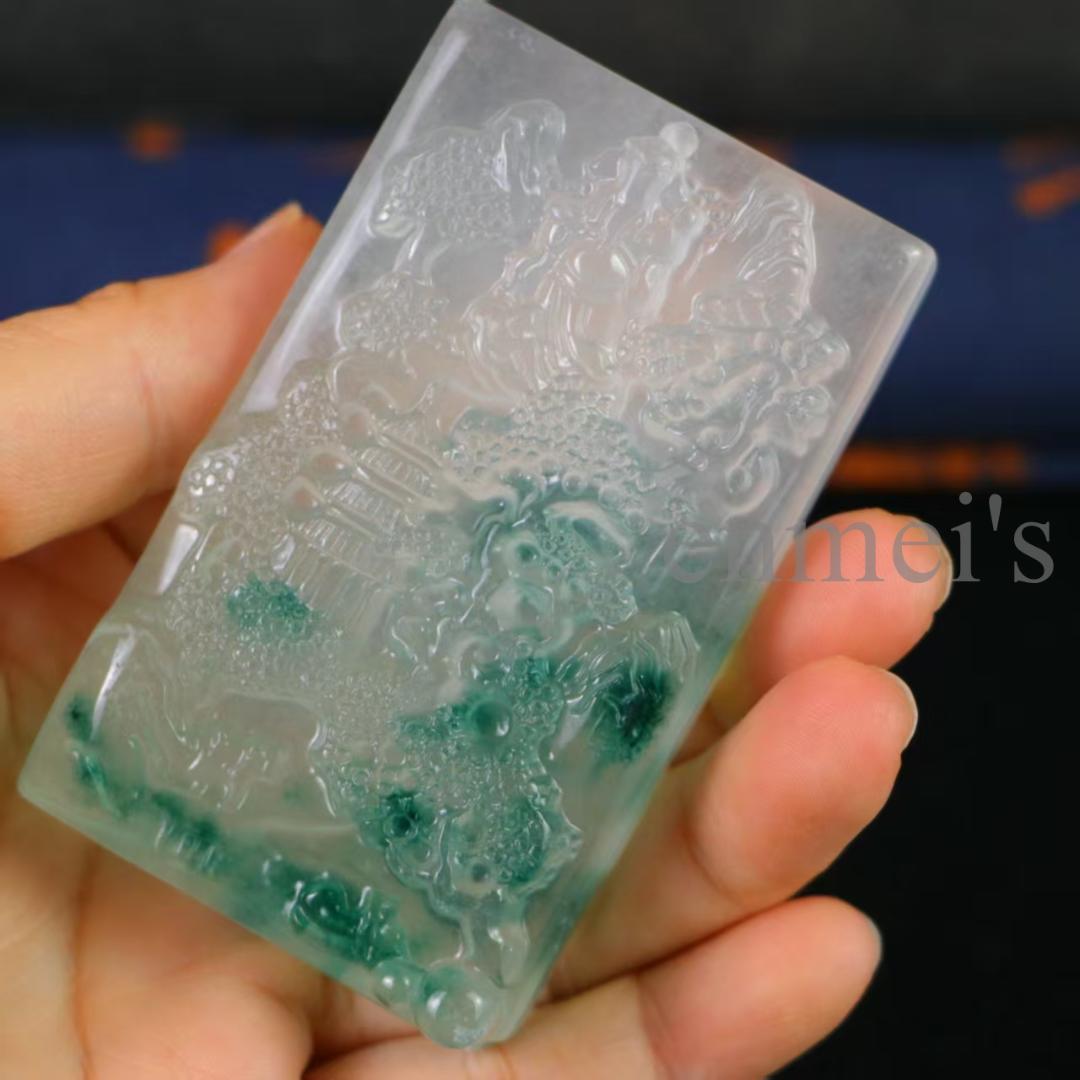 翡翠 高氷種 山水牌 精工神仏彫刻 長方形 明緑白透明石 水頭良好 手彫 贈答用