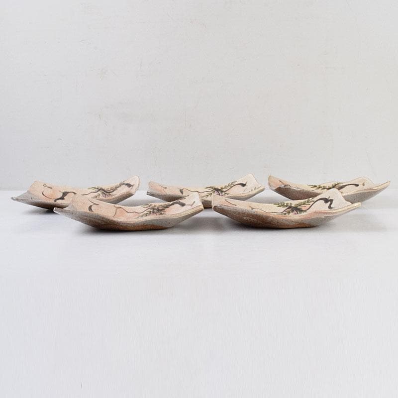 Sake　鼠志野　四方皿　五客　共布　黒田陶々庵極め箱　M　R9064B