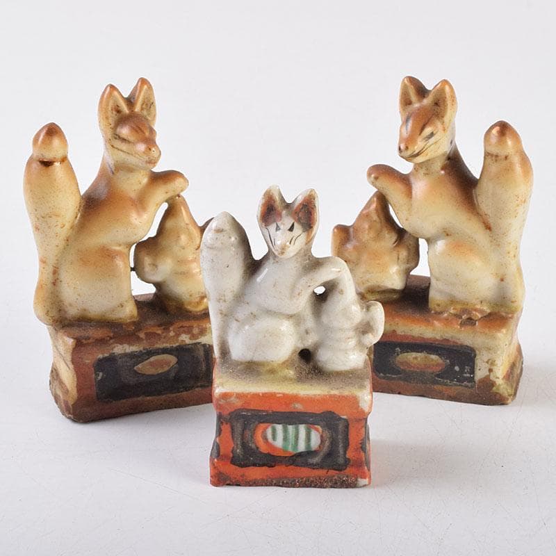 陶器製　色絵金彩　お稲荷さん　狐　3点まとめて　C　R9213