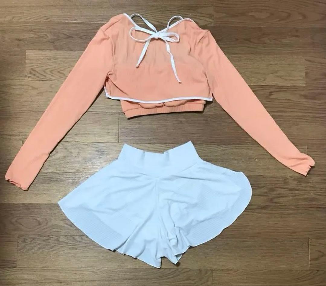 オレンジ ホワイト スカート セット ポールダンス 水着 ヨガ Mサイズ 巾着付