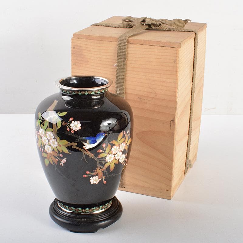 七宝焼　鳥桜文瓶　唐木台付　桐箱付　D　R5643