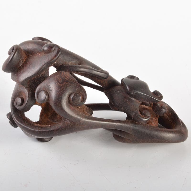 中国　唐木紫壇製　細密彫刻　霊芝　根付　置物　M　R6567E