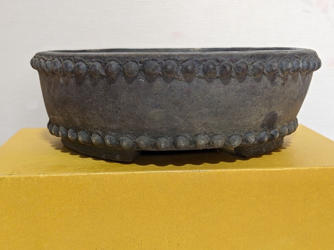 ♦小品盆栽鉢 富舟作 鋲打ち三足丸鉢ミニ盆栽鉢 コレクション 骨董品
