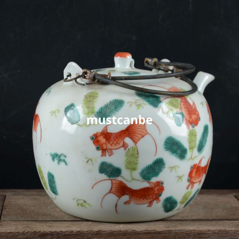 手画パステル金魚壺 提梁壺 茶壺 景徳鎮 陶磁器 煎茶器 現代工芸品 置物