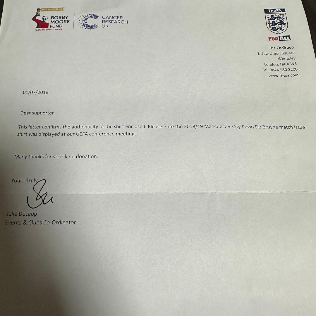 デブライネ　支給ユニフォーム　マンチェスターシティ　ベルギー代表　証明書付き