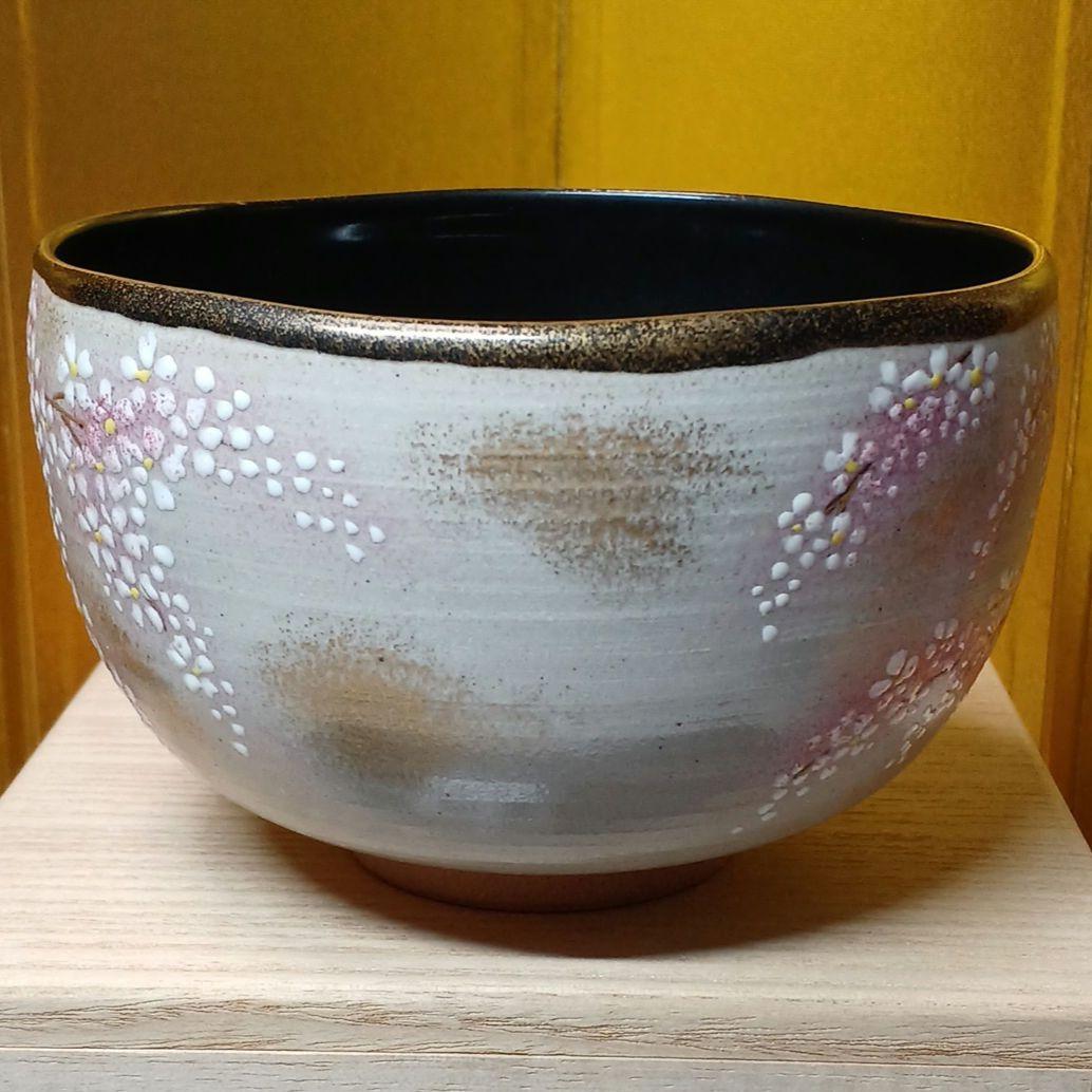 茶道具　茶碗　壱休窯　三春の滝桜　窪田常之作　Bol à thé matcha