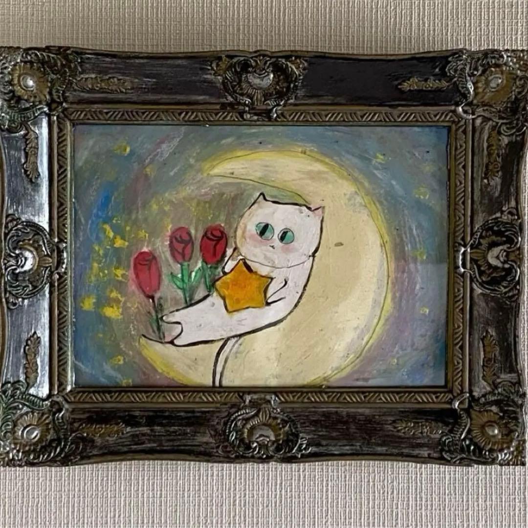 絵画。原画【月の白い猫に美しいバラを三本植えました】