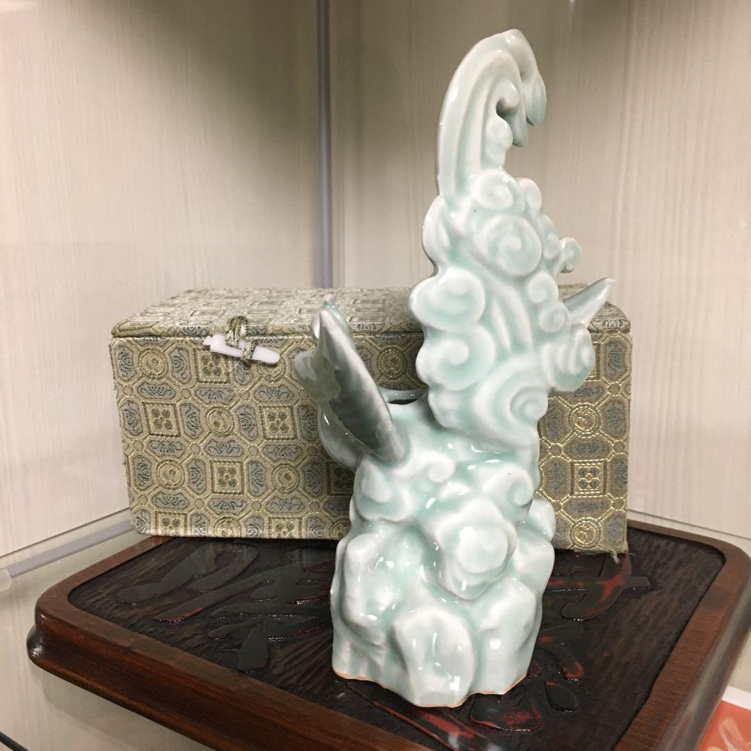 箱付き　中国龍泉窯　青磁　鳳凰　一輪挿し　花器　花瓶　オブジェ　インテリア