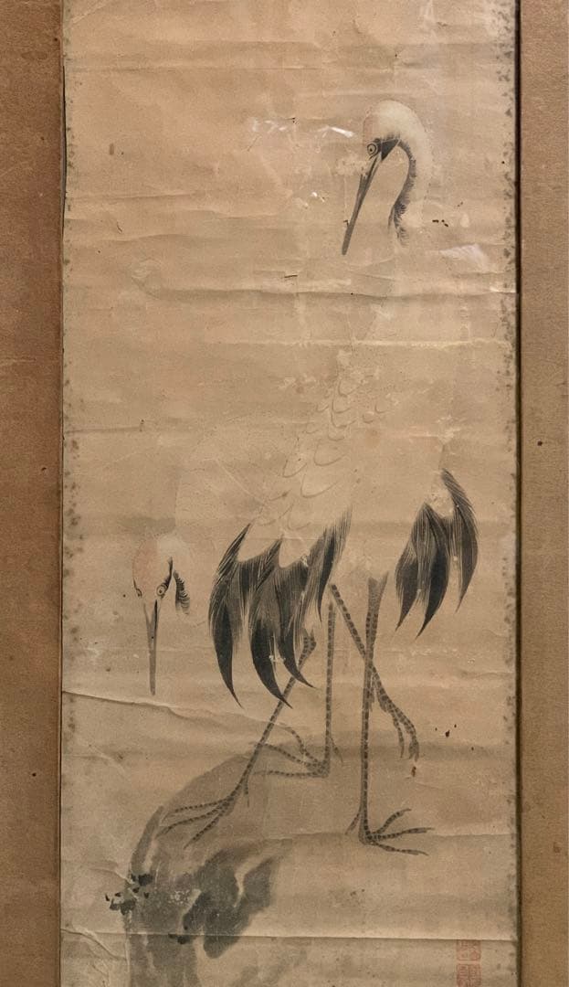 ⑦江戸時代？　雌雄双鶴之図　信香先生筆　古い水墨画　まくり　額入り可能