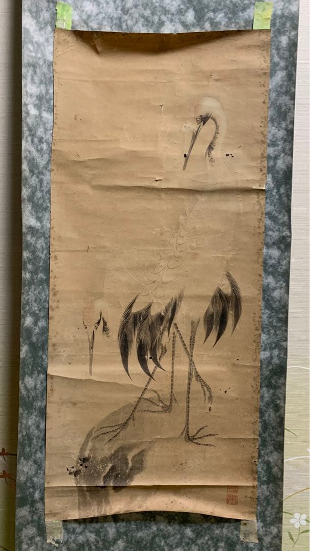 ⑦江戸時代？　雌雄双鶴之図　信香先生筆　古い水墨画　まくり　額入り可能