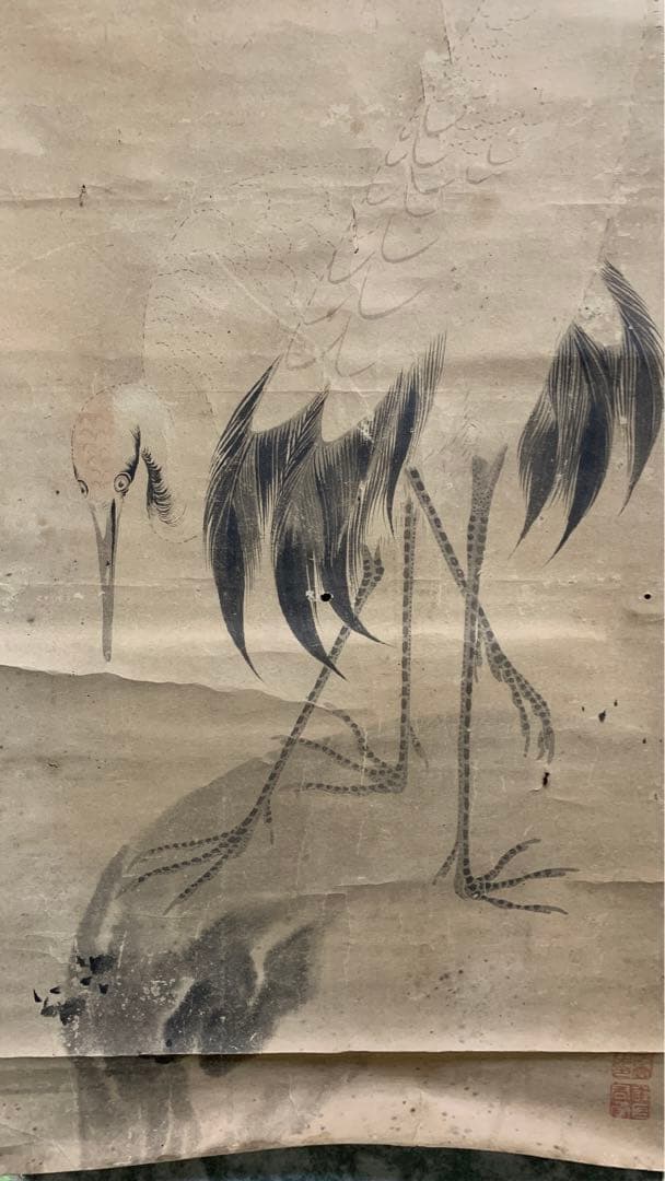 ⑦江戸時代？　雌雄双鶴之図　信香先生筆　古い水墨画　まくり　額入り可能