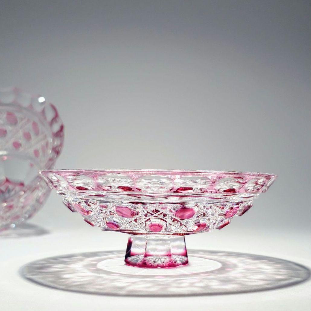 江戸切子　堀口硝子✩秀石　金赤色被せ　八角籠目 蓋物　【 美品 】