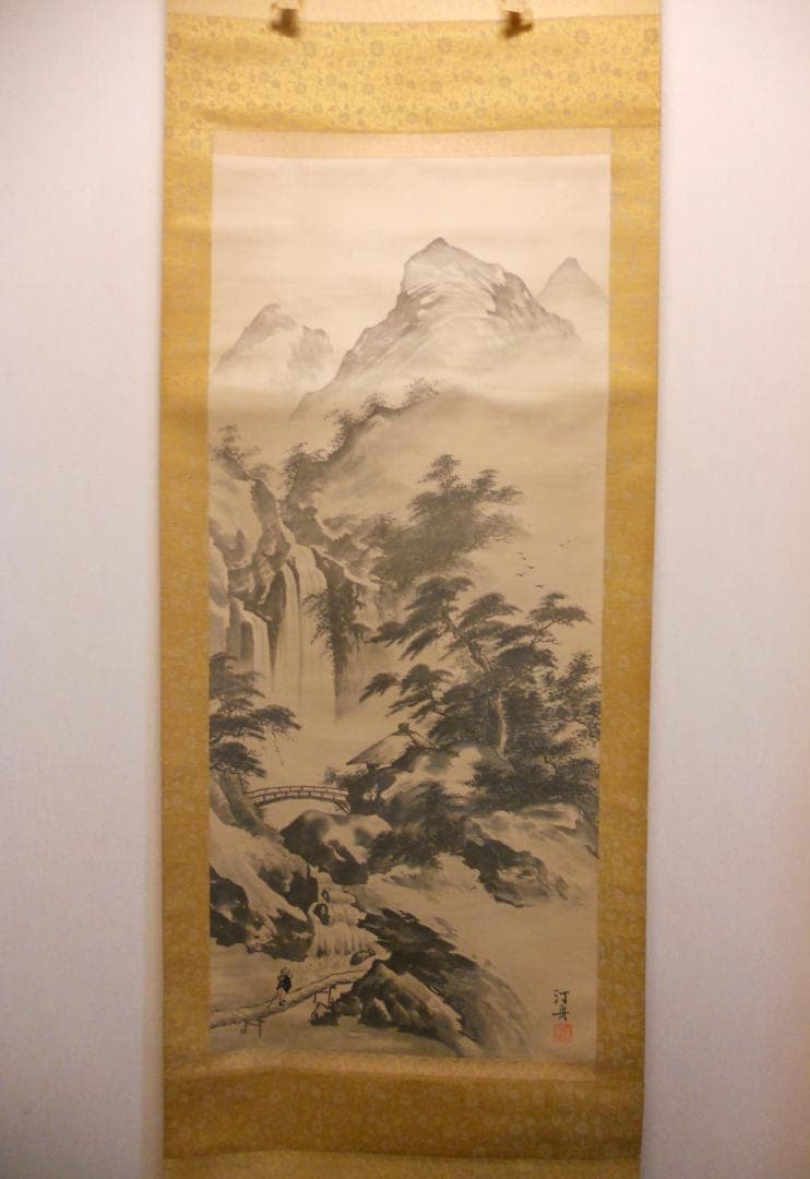 掛け軸 汀舟 水墨山水 絹本 希少 軸装 茶道具 掛軸 美品 です。