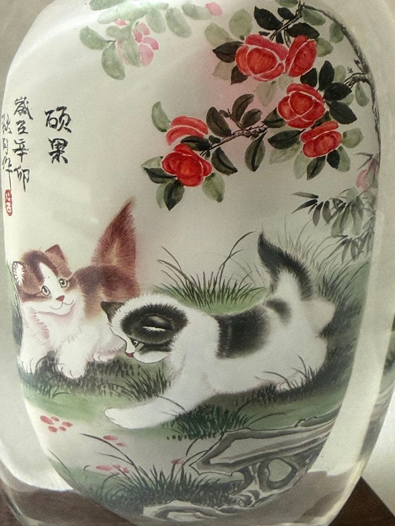 猫と花の絵柄 ガラス製鼻煙壺