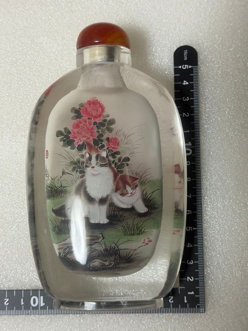 猫と花の絵柄 ガラス製鼻煙壺