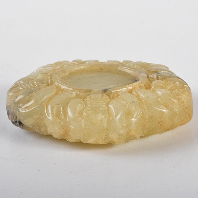 中国　玉石白玉彫刻　蝙蝠刻　玉器　玉壁　玉飾　玉珮　時代箱付　M　R5495