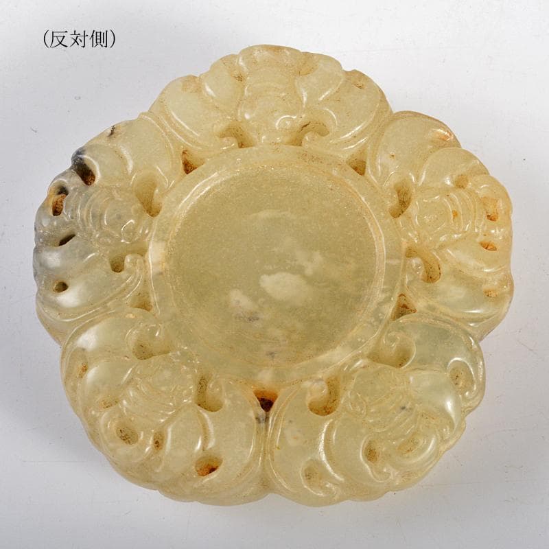 中国　玉石白玉彫刻　蝙蝠刻　玉器　玉壁　玉飾　玉珮　時代箱付　M　R5495