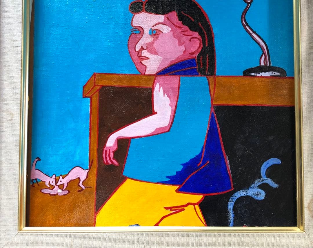 H.WANG 1990年 台湾画家黄位政の子供と猫の絵画