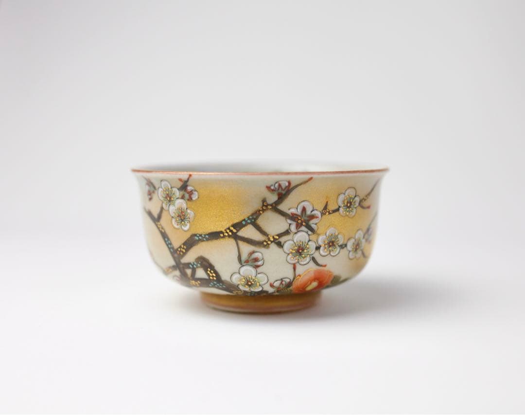 九谷焼　田村金星　細字 煎茶道 和歌 梅椿図 点金 霊芝耳