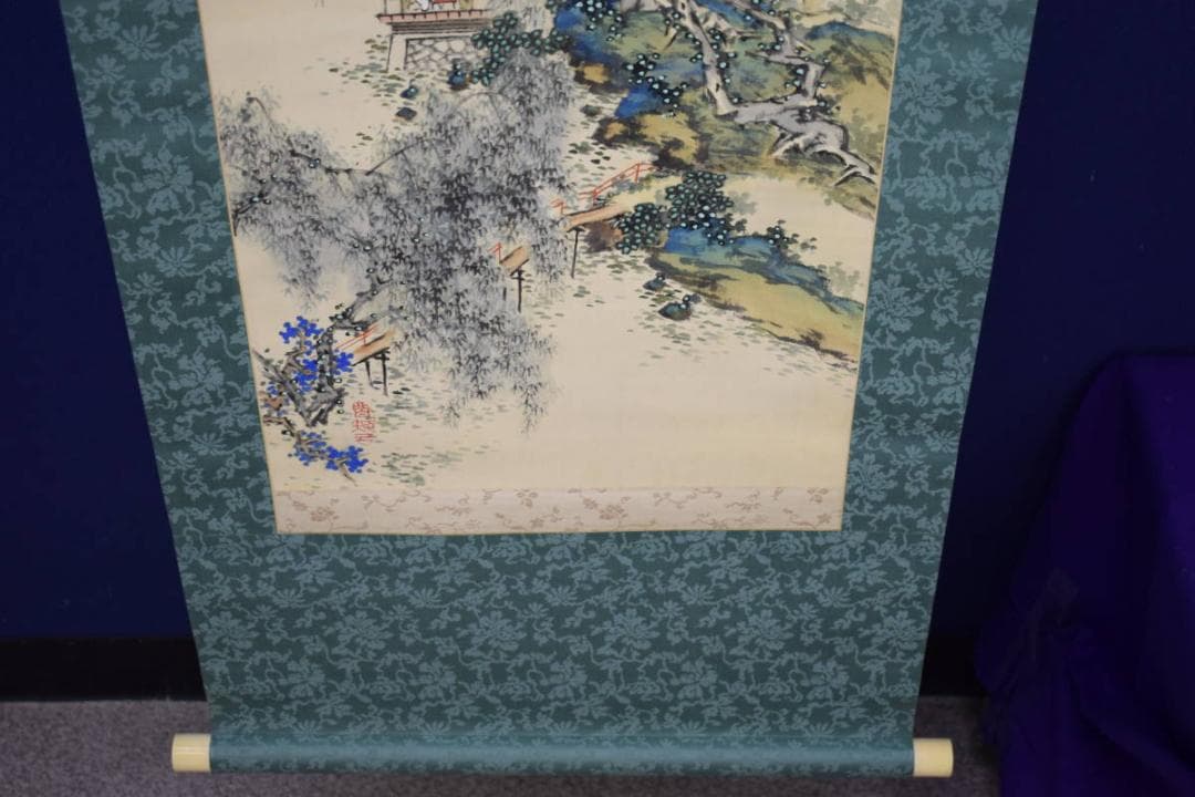 真作/河村虹外/山水人物図/絹表装/桐共箱付/布袋屋掛軸HH-661