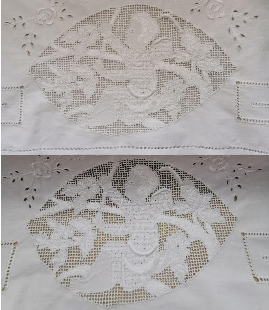 アンティークイタリア ニードルワーク刺繍 木登りのエンジェル リーフと天使クロス