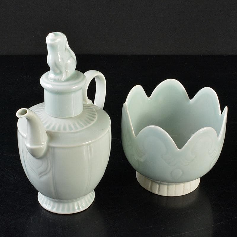 中国　影青　神獣摘　執壷　水注　輪花鉢　2点まとめて　時代箱付　M　R6422B