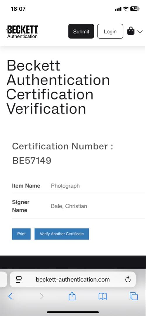 ベケット鑑定済み クリスチャン・ベール 直筆サイン入りフォト