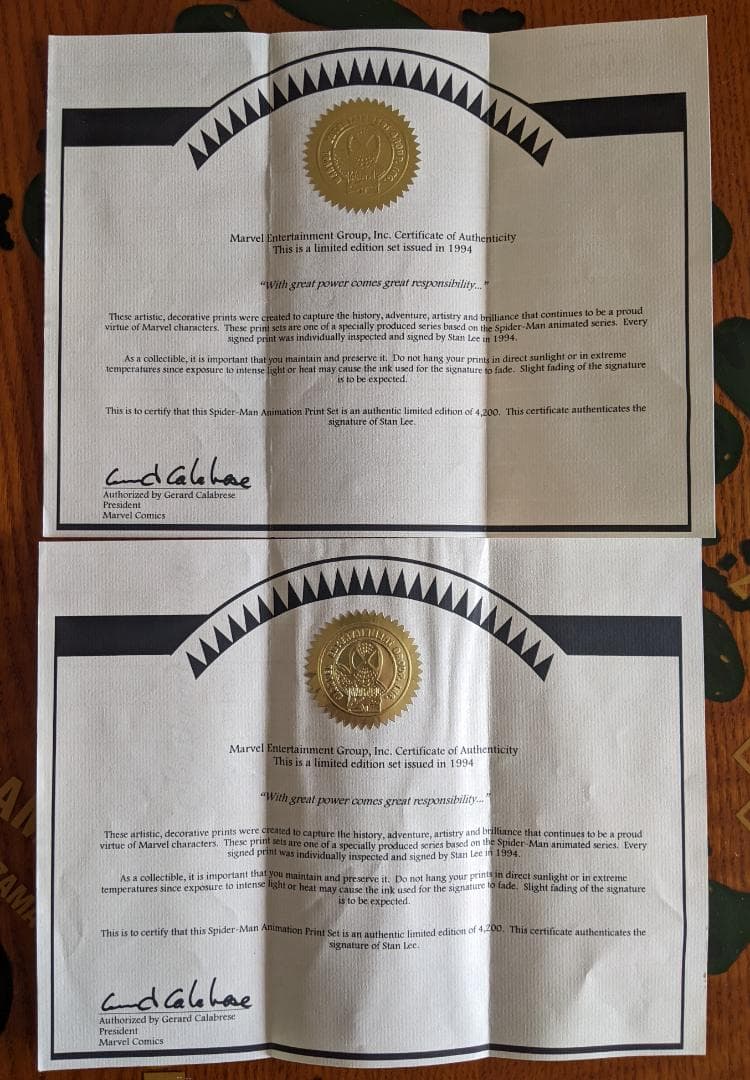 スパイダーマン　セル画　スタン・リーサイン入り2枚+4枚