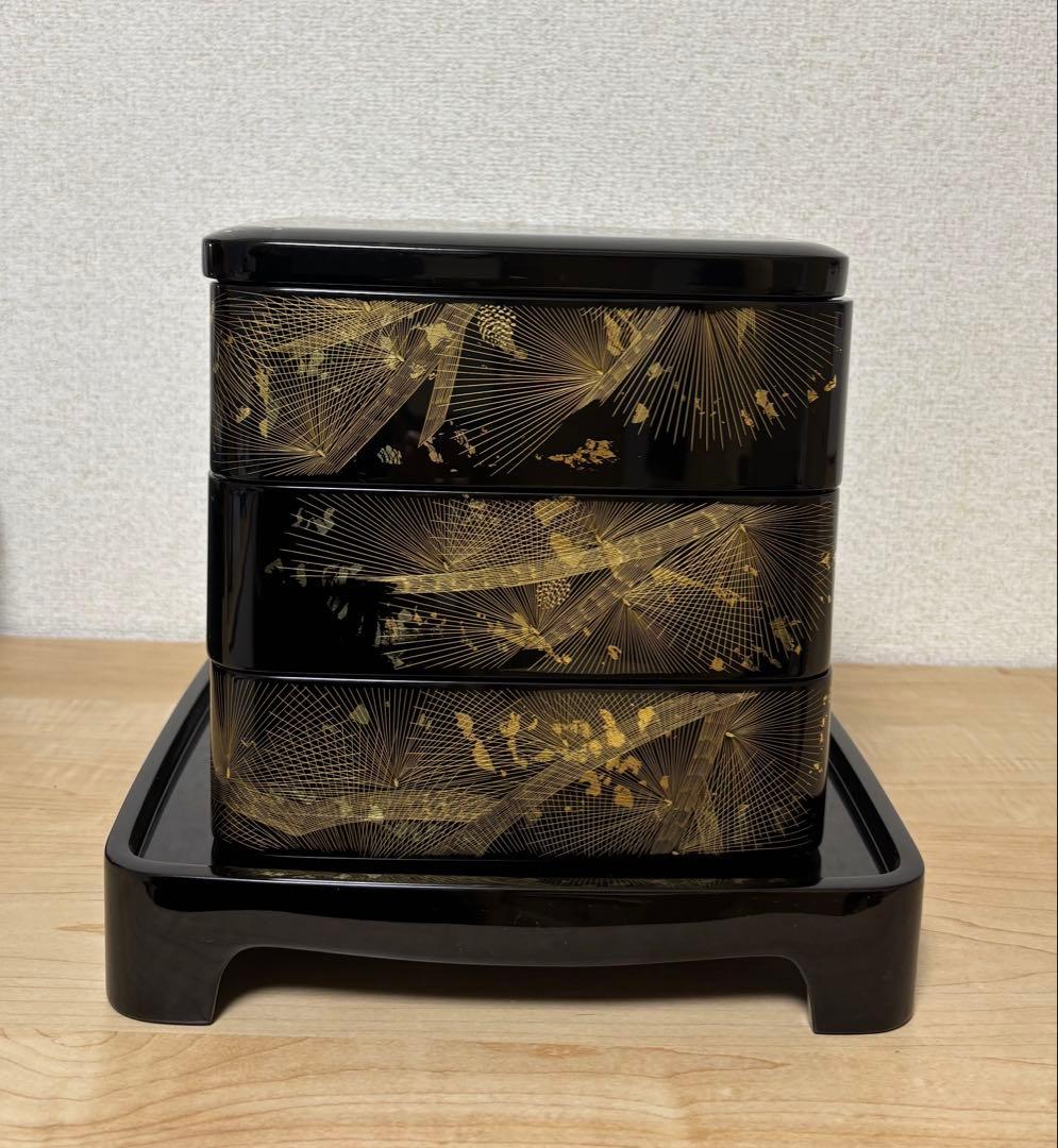 ３段重　輪島塗　沈金　招福枝　中谷耕一